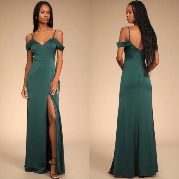 Lulus Lovely Devotion Emerald Green Satin Cold-Shoulder Mermaid Dress XL Wedding - Picture 1 of 10